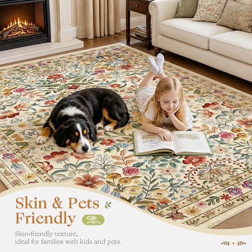 Beauoop 8x10 Floral Washable Beige Neutral Vintage Area Rug for Living Room