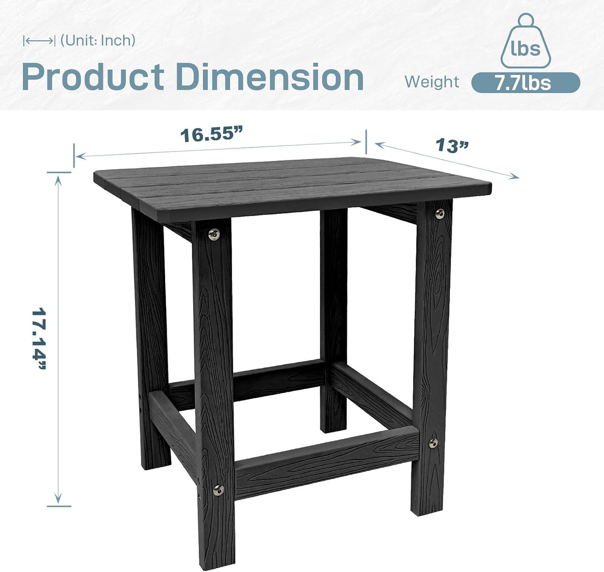 meluvici outdoor side table, hdps single adirondack side, side view