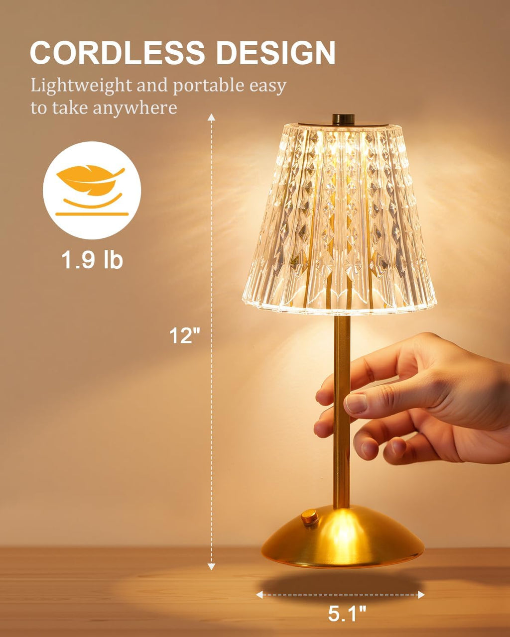 nusogon 2 pack cordless crystal table lamps, rechargeable, close-up detail
