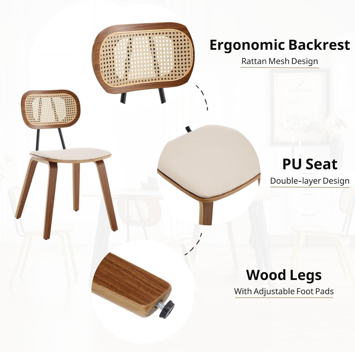 HEAH-YO Modern Dining Chairs Set of 2, Upholstered Faux Leather Dining Room Chairs with Rattan Backrests and Wood Legs, Armless Kitchen Chairs for Dining Room, Beige