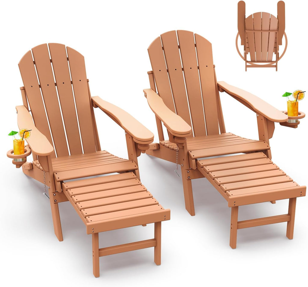 GREENVINES Adirondack-Chairs-with-Ottoman Set of 2, Folding，HDPE, Teak