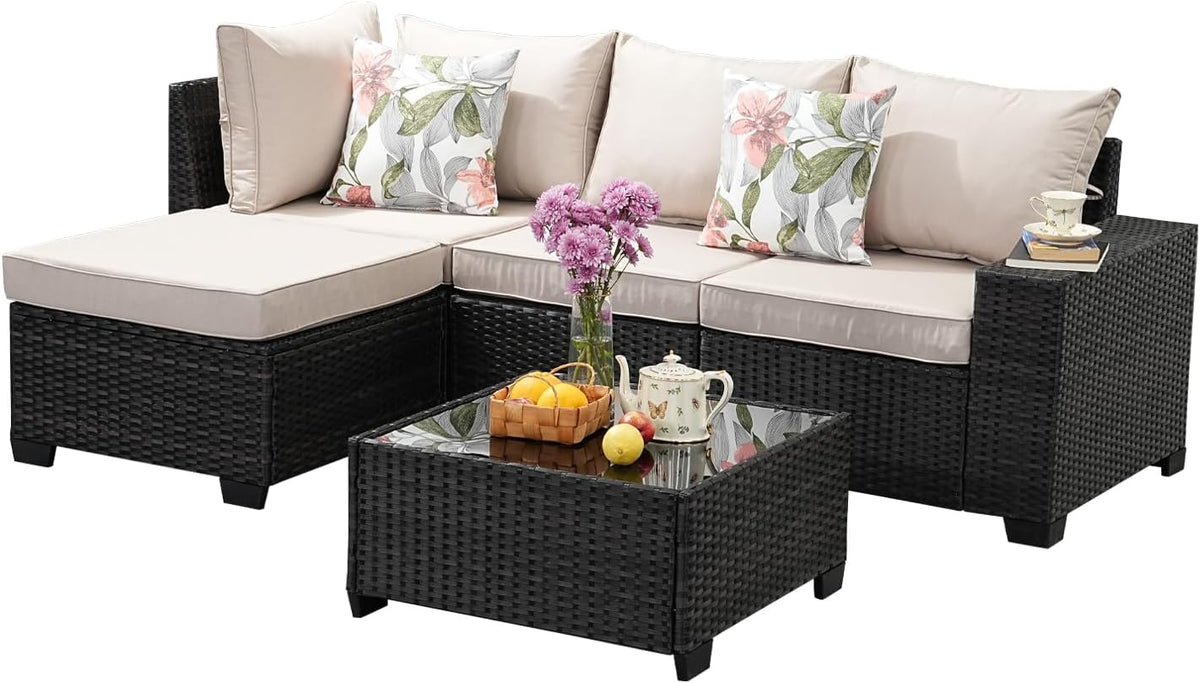 5 Pieces Outdoor Patio Furniture Set, Wicker Conversation Sets with Tea Table, Rattan Patio Sofa with Thick Cushions for Garden, Backyard, Poolside, Party, Beige
