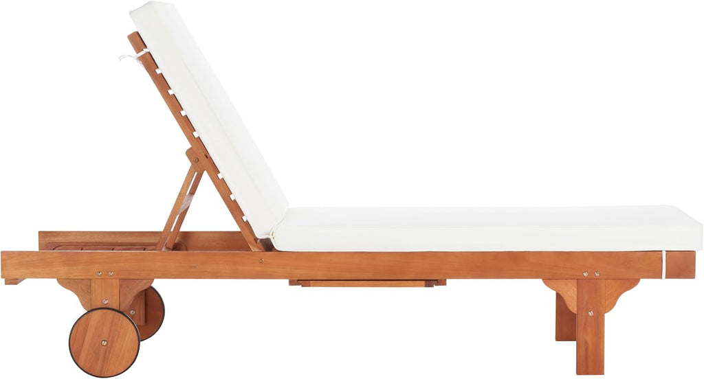 SAFAVIEH Outdoor Collection Newport Natural/ Beige Cushion Built-in Side Table Adjustable Chaise Lounge Chair