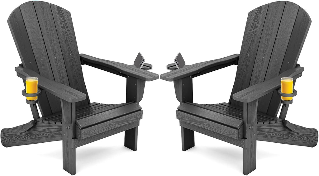 SERWALL Outdoor Adirondack Chair Set of 2 with 2 Cup Holders,Foldable,Grey