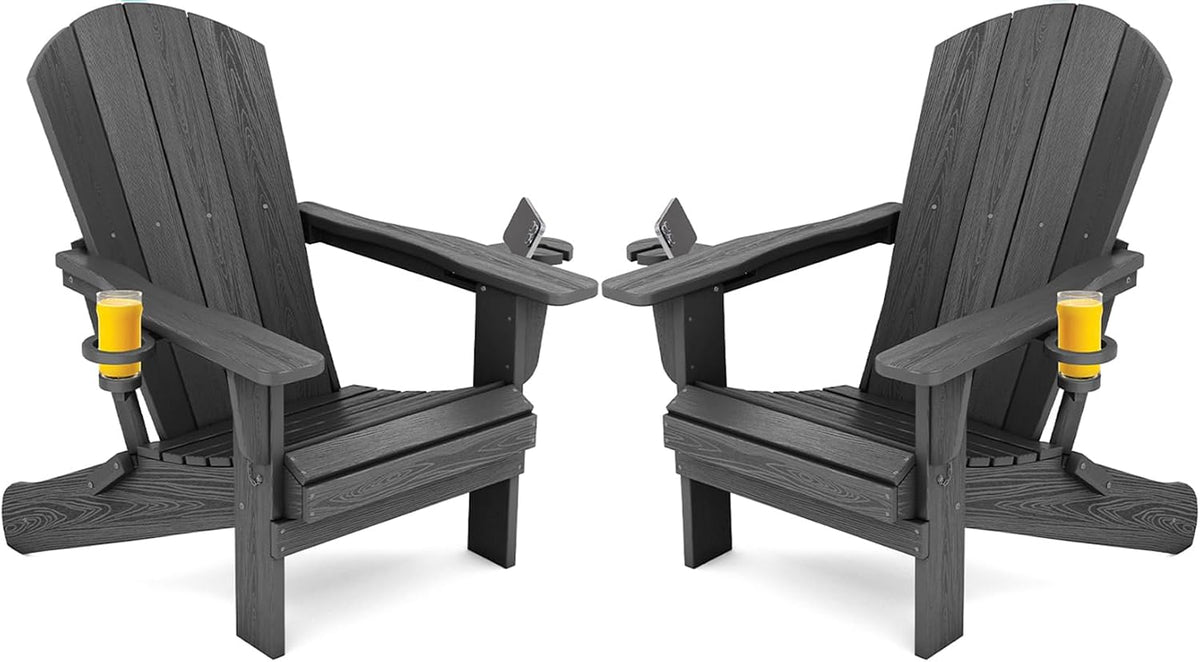 SERWALL Outdoor Adirondack Chair Set of 2 with 2 Cup Holders,Foldable,Grey