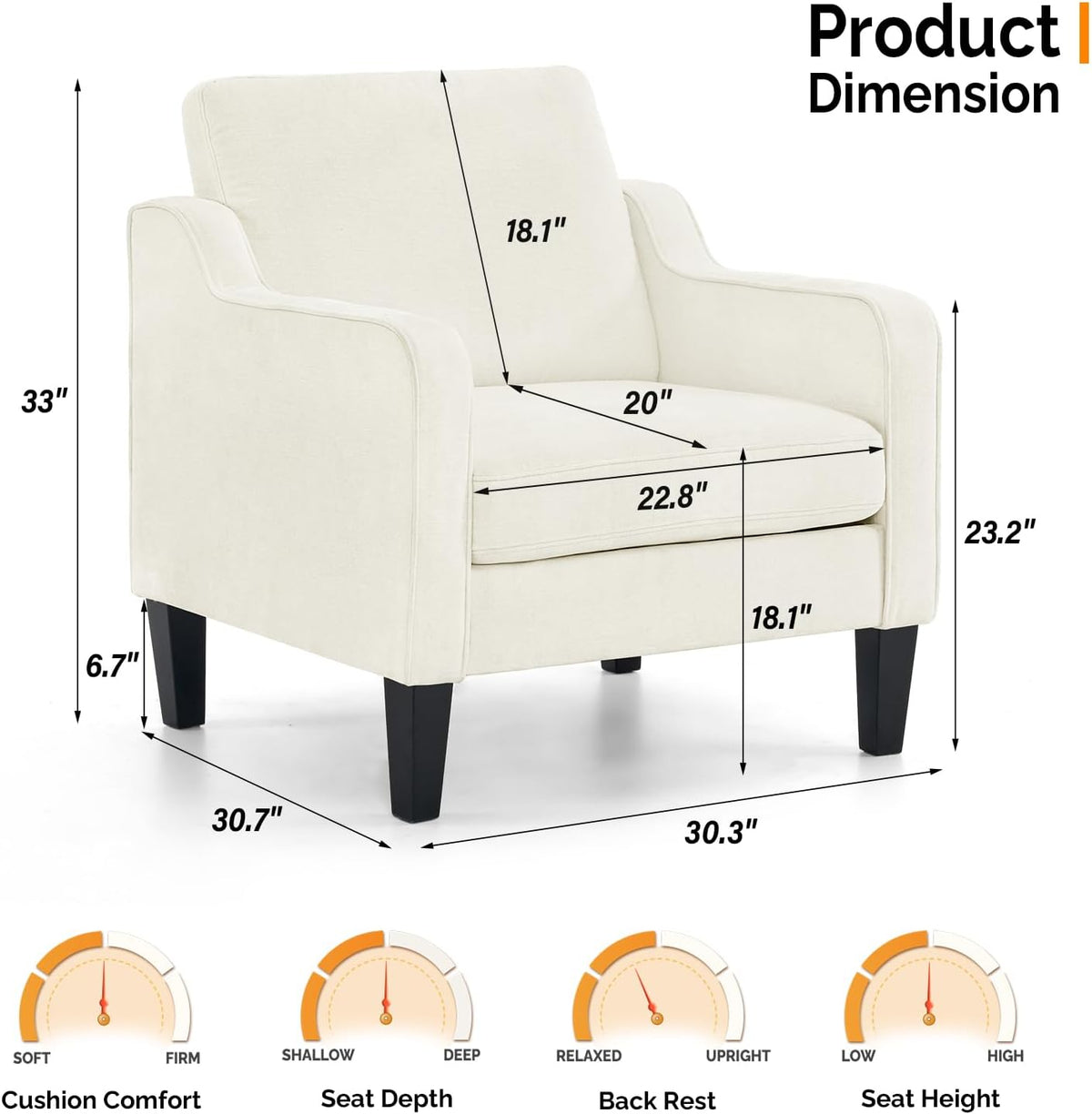 VINGLI Cream Accent Chair, Chenille Upholstered Armchair for Living Room