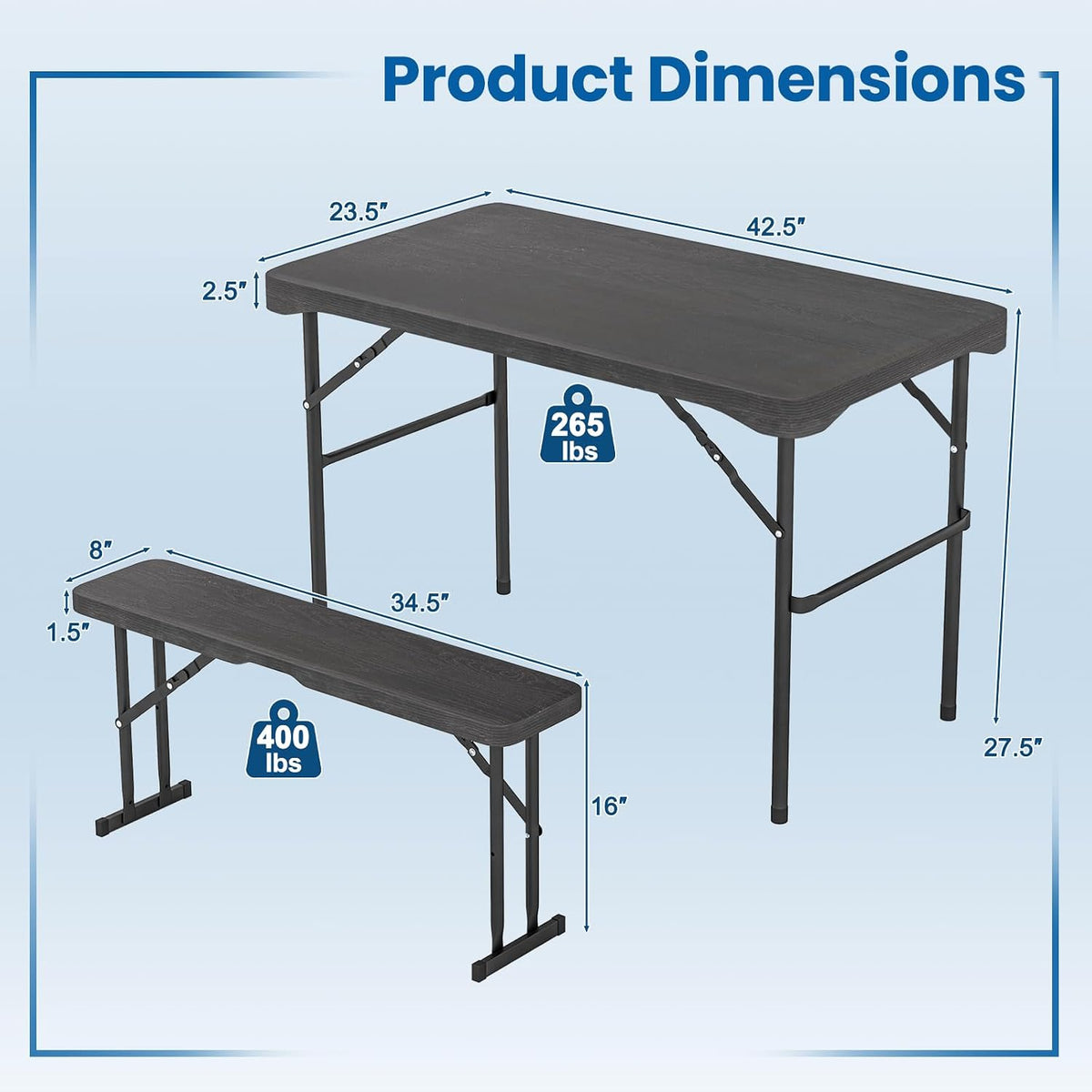 Tangkula Picnic Table with 2 Benches, 3 Piece Folding Picnic Table Set with HDPE Tabletop, Sturdy Metal Frame, 4 Person Plastic Folding Table for Indoor Outdoor Use (Black)
