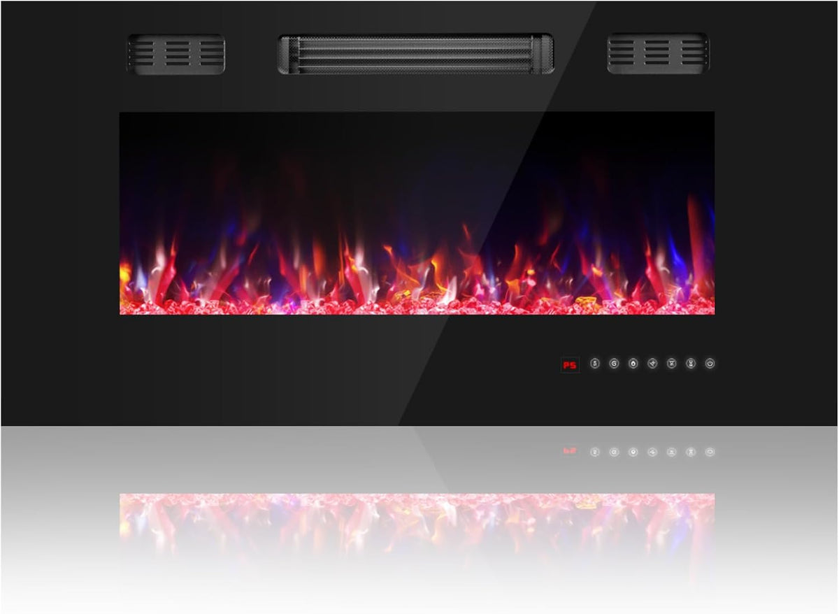 36 Inch Electric Fireplace with Crystal, Electric Fireplaces Insert, Wall Mounted/Recessed Fireplace with Remote Control, 12-Color Flame, Brightness & Speed