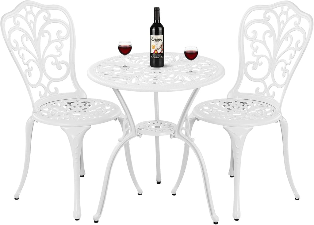 Bistro Set 3 Piece Outdoor Cast Aluminum Patio Bistro Set with Umbrella Hole, All Weather Bistro Table and Chairs Set, Small Patio Furniture Set for Garden, Porch,White