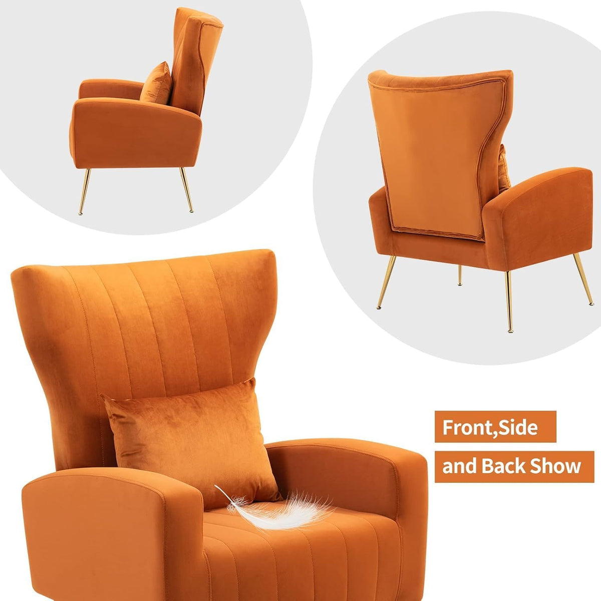 Modern Accent Chairs Set of 2, Wingback Chair with Arm & Gold Legs, Living Room Bedroom Side Chair with Lumbar Pillow, Velvet Upholstered, Channel Tufted, Orange