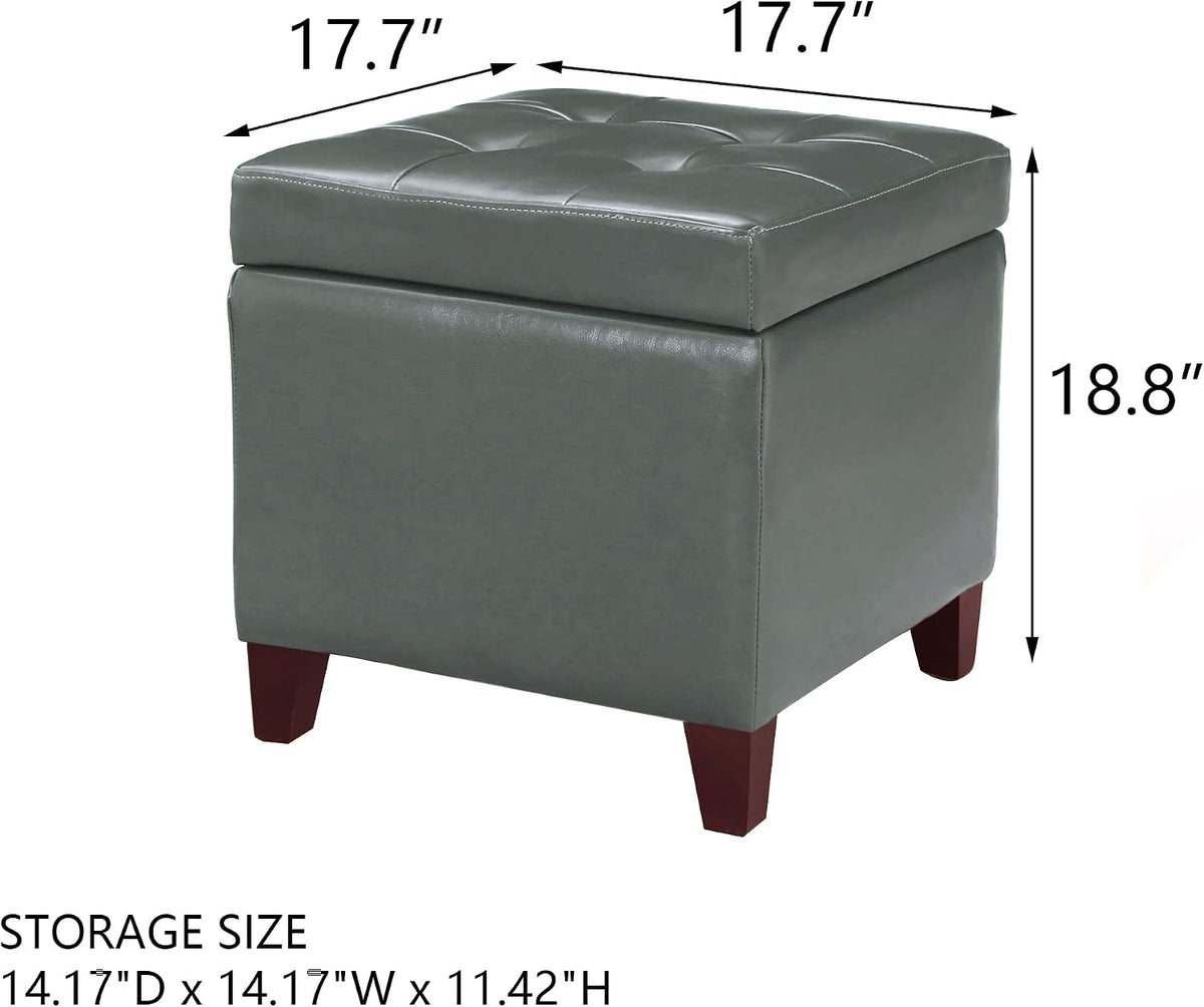 Adeco Bonded Leather Square Tufted Cubic Cube Storage Footstool, 18" Inch Ottomans & Storage Ottomans, With Lid, Dim Gray
