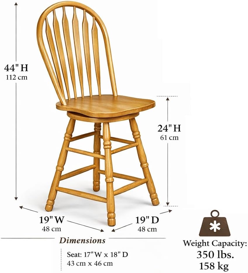 Sunset Trading Selections 24" Counter Height Swivel Barstool | Farmhouse Country Cottage Windsor Arrowback Café Stool | Light Oak Solid Wood | Dining Room Kitchen Home Bar Furniture