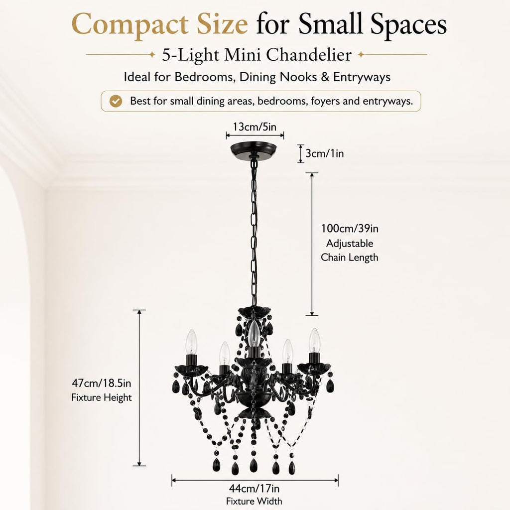 Small Black Crystal Chandelier, 5-Light for Bedroom