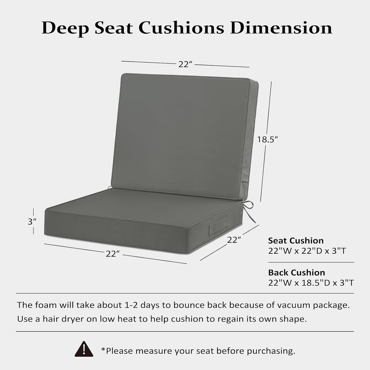 Cozyide 22x22 Outdoor Cushions for Patio Furniture, Waterproof Outdoor Chair Cushions with Non-Slip Ties and Handle, Washable Deep Seat Cushions for Outdoor Furniture with Removable Cover, Dark Gray
