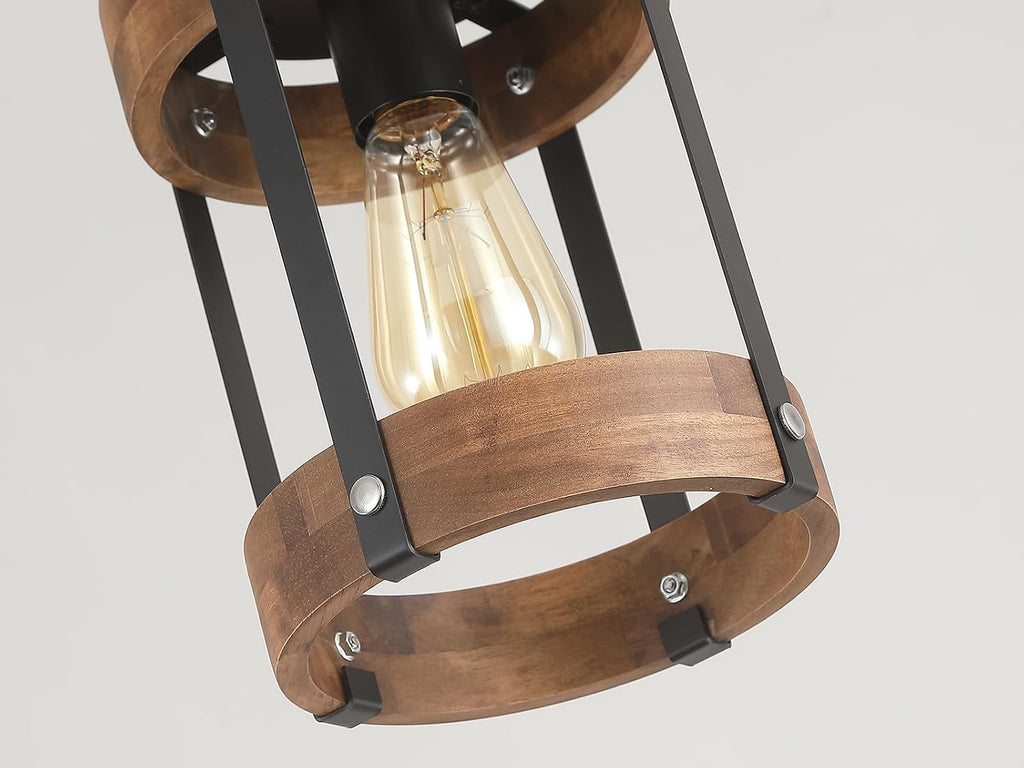 2 Pack Rustic Farmhouse Wood Pendant Light Fixture One-Light Adjustable Chain Oak Wood and Metal Drum Cage Small Pendant Lighting for Kitchen Island Sink Hallway Farmhouse Bathroom Bar, Black
