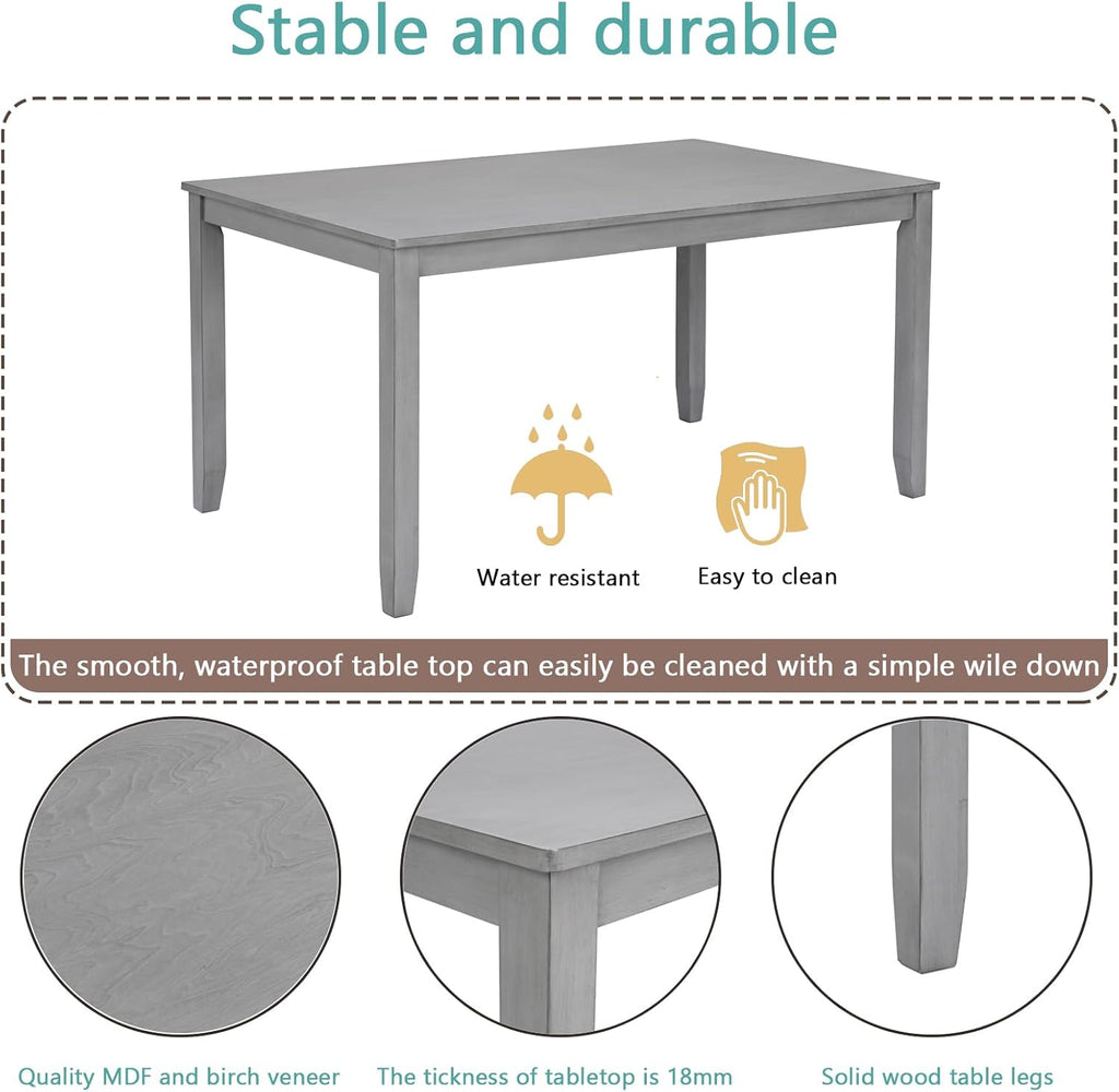 LUMISOL 6-Piece Dining Table Set with Bench, Farmhouse Solid Wood Kitchen Table Set with 4 Upholstered Chairs and Bench for Kitchen, Dining Room, Living Room, Grey