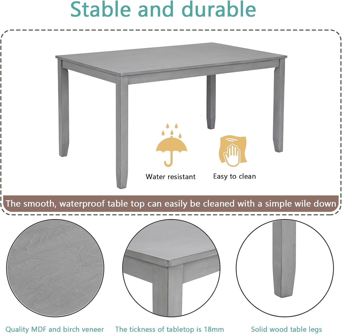 LUMISOL 6-Piece Dining Table Set with Bench, Farmhouse Solid Wood Kitchen Table Set with 4 Upholstered Chairs and Bench for Kitchen, Dining Room, Living Room, Grey