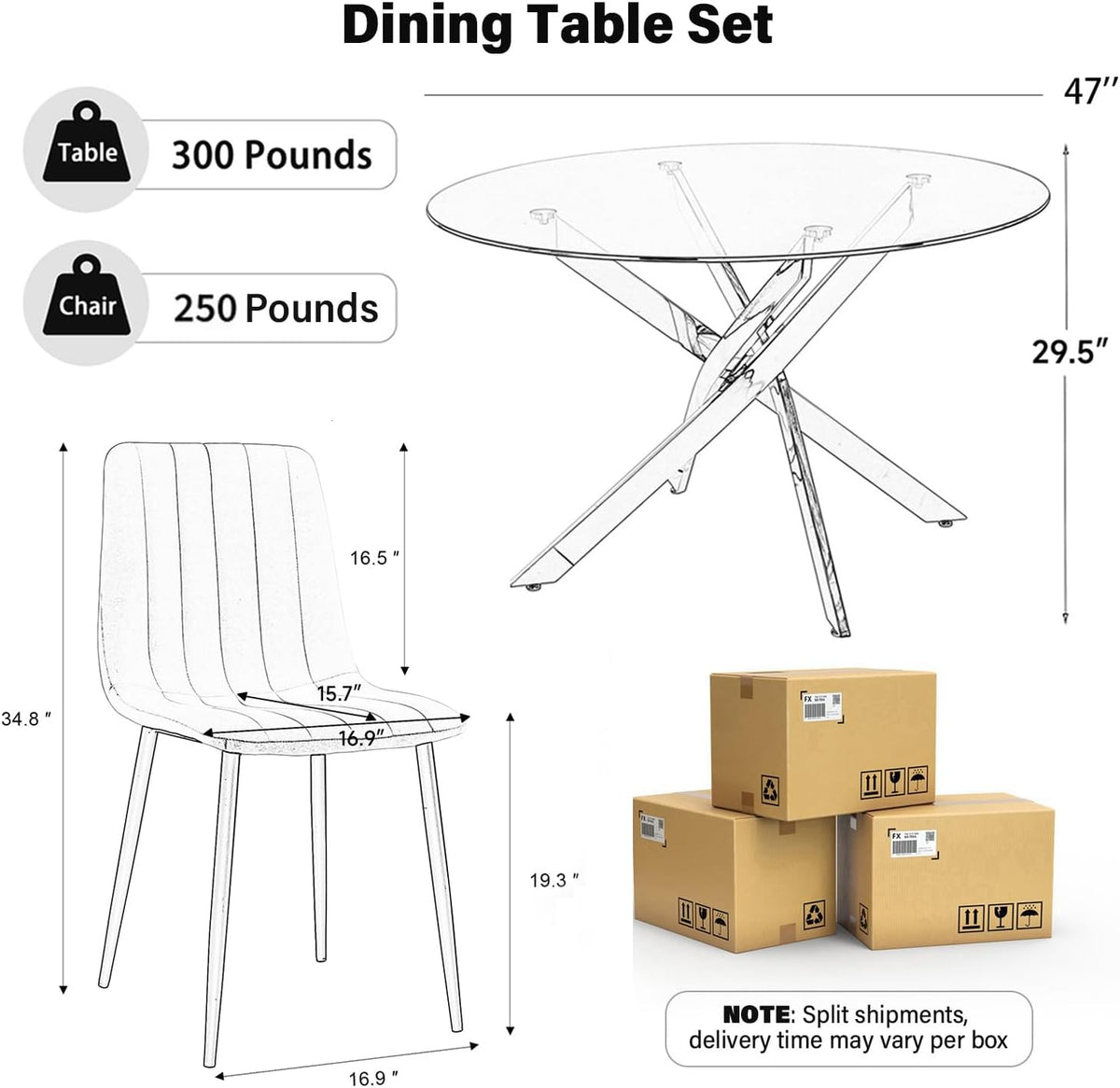 Modern Round Glass Dining Table Set for 4, 47'' Large Tempered Glass Tabletop Black Base with 4 Beige Minimalism Dining Chairs, 5-Piece Clear Circle Dining Table Set(Easy Assemble)