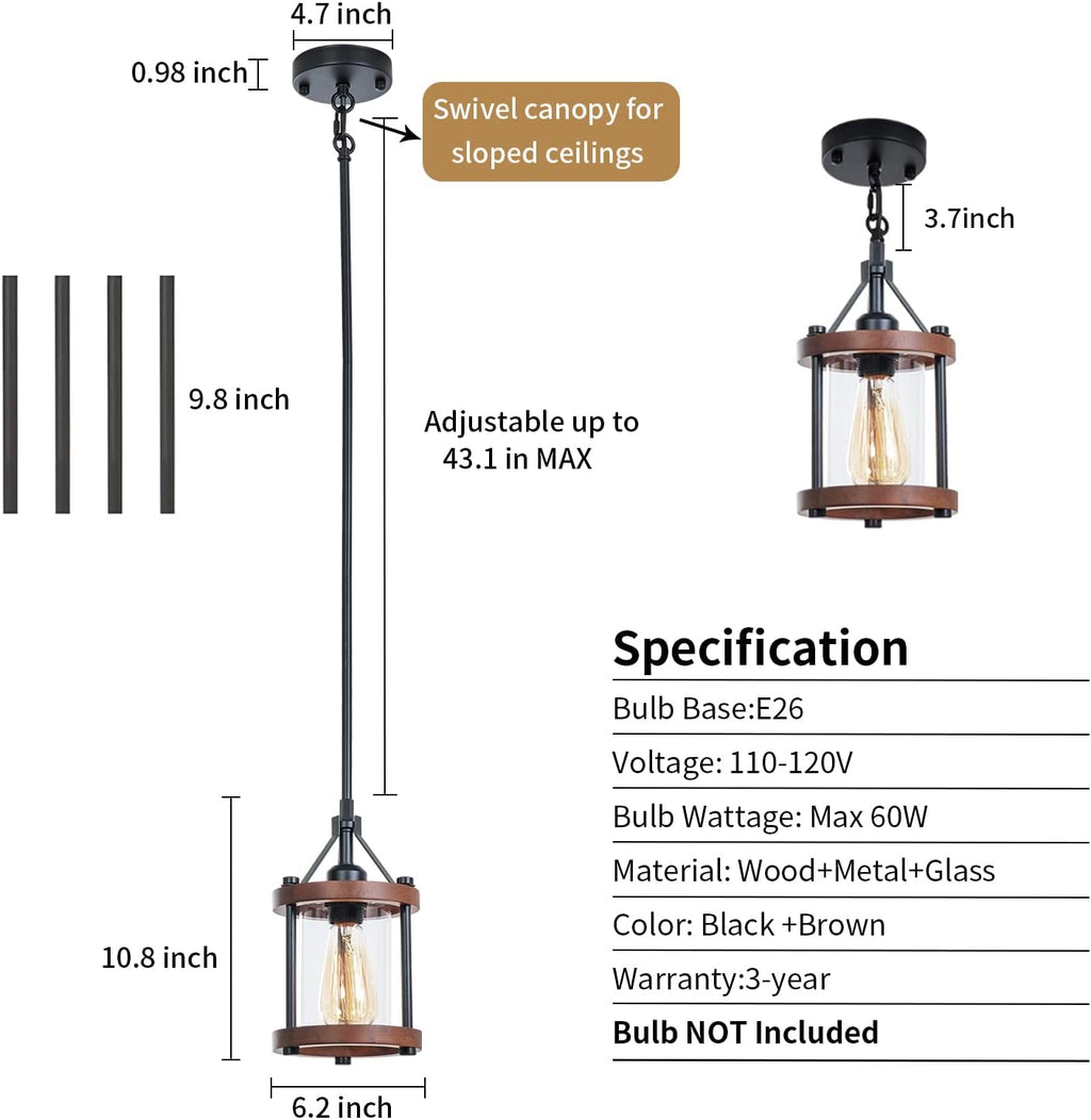 farmhouse pendant light, rustic walnut wood metal cage, front angle view