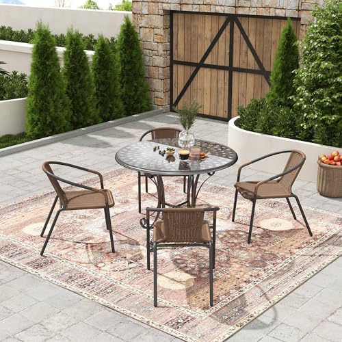 UDPATIO Rattan Patio Dining Chairs Set of 4, Wicker Stackable Outdoor Chairs with All Weather Curved Back & Metal Frame, for Indoor Restaurant Porch Deck, Brown