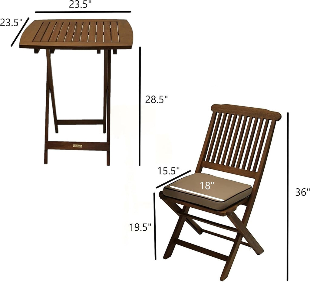 outdoor interiors eucalyptus wood 3-piece square foldable bistro, close-up detail