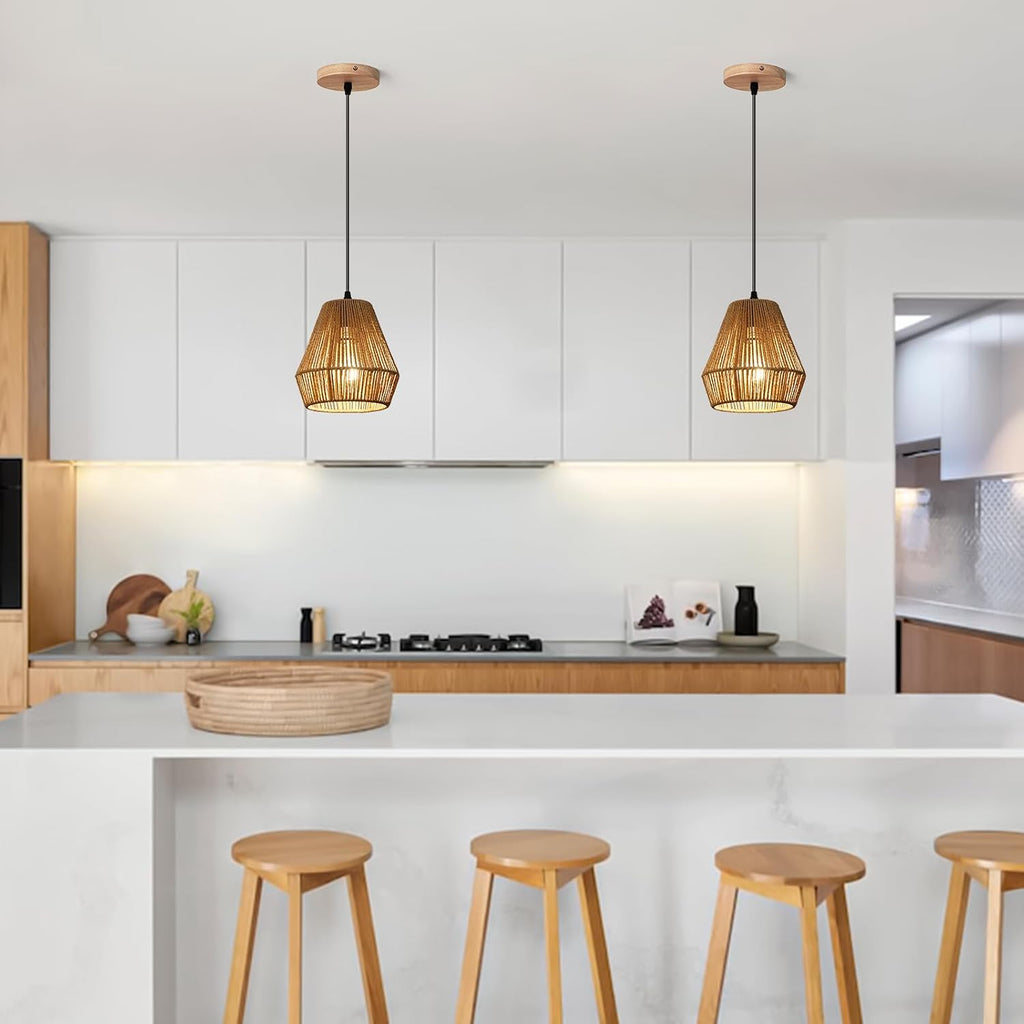 6.7'' woven rattan pendant light fixtures, 2 pack shown in use