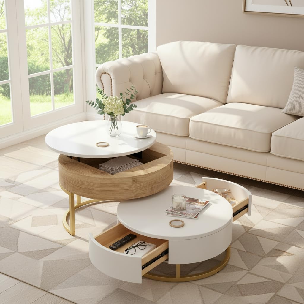 Modern Round Lift-top Nesting Coffee Tables with 2 Drawers for Living Room White & Natural