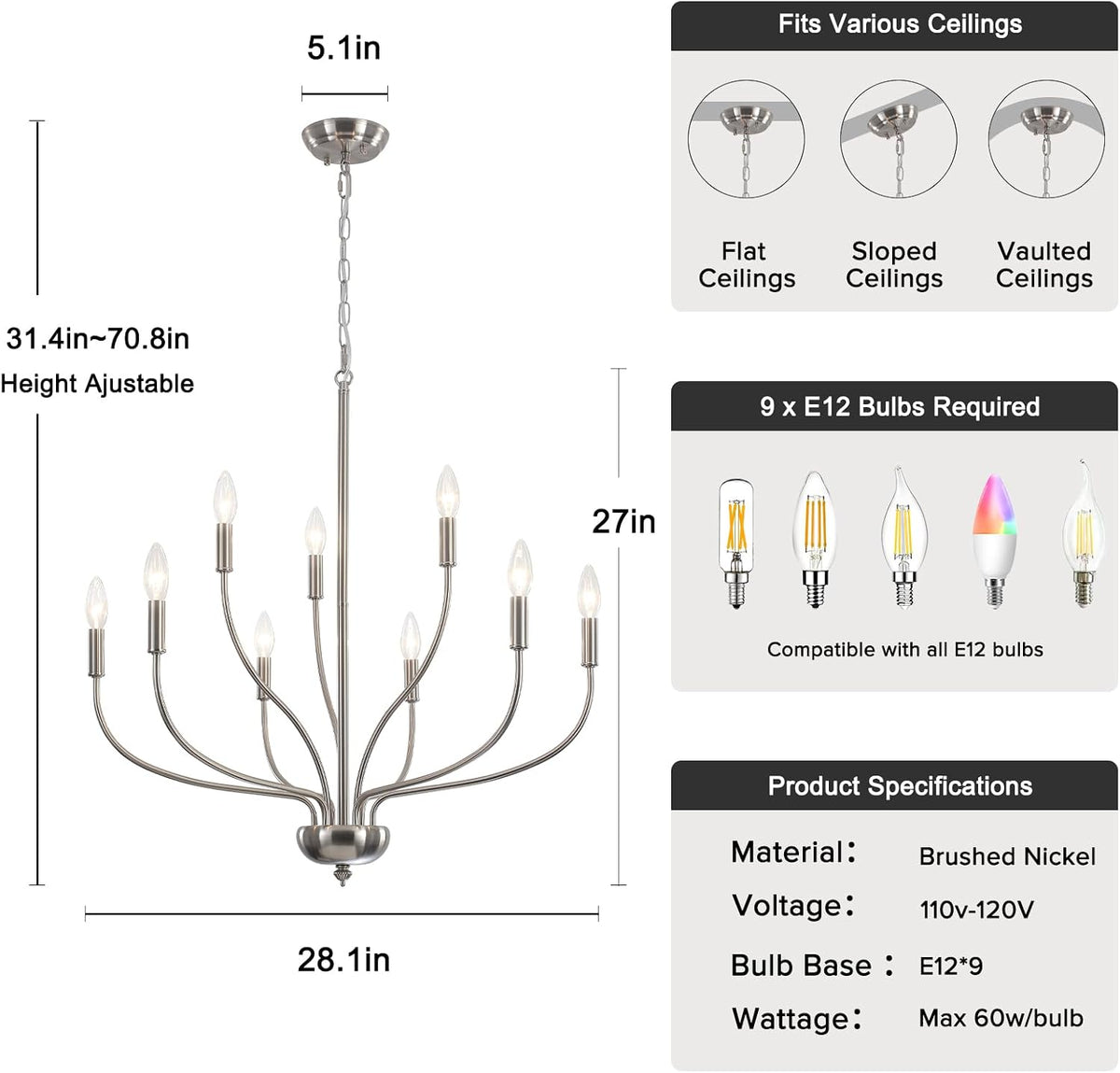 Brushed Nickel Chandelier, 9-Light Farmhouse Chandelier for Dining Room Lighting Fixture, 28'' Rustic Industrial Modern Candle Chandelier for Bedroom, Kitchen, Living Room, Foyer and Hallway