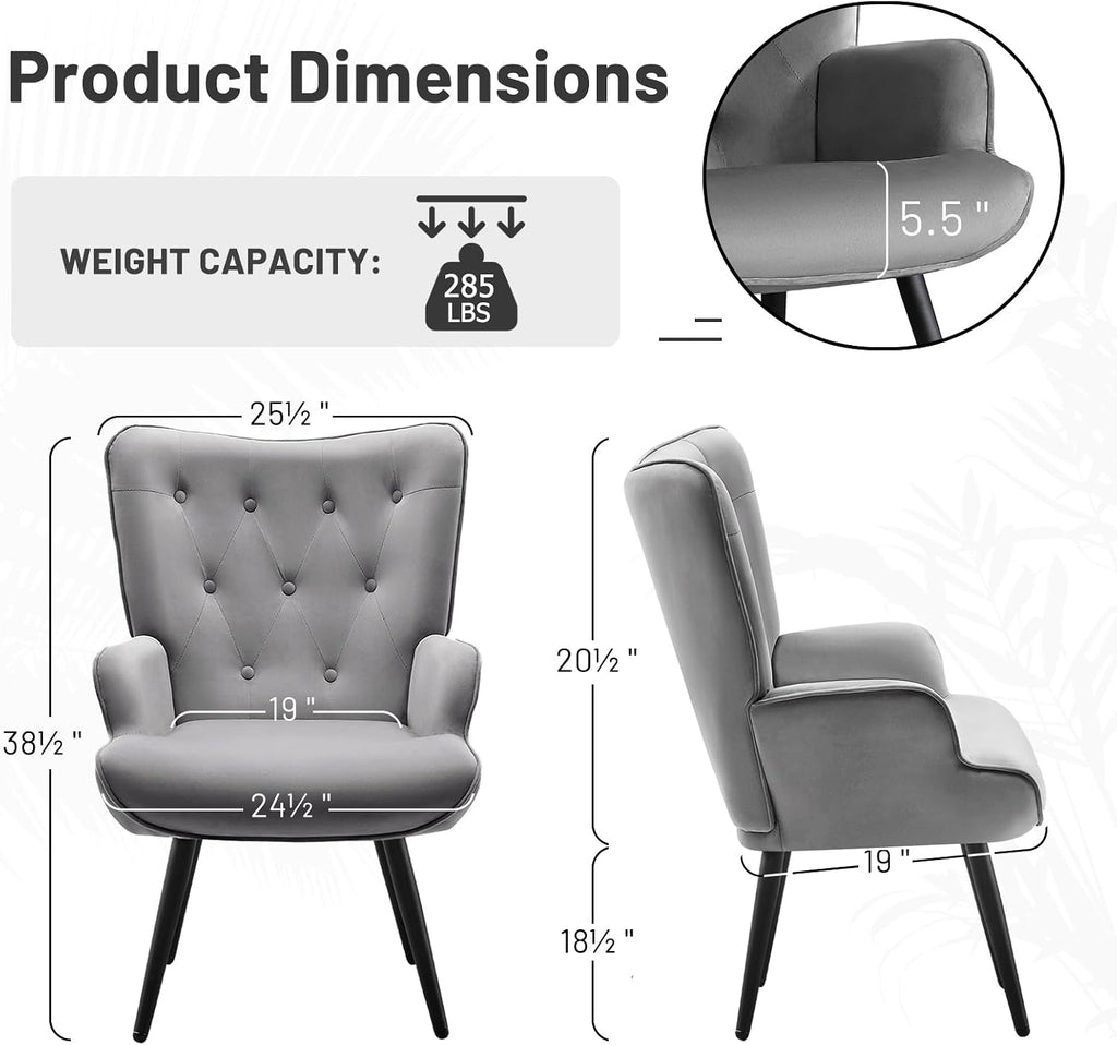 Furniliving Modern Accent Chair, Velvet Tufted Button Wingback Chair Upholstered Side Armchair Comfy Lounge Chair with Tapered Legs Sofa Leisure Chair for Home Office/Living Room/Bedroom, Grey