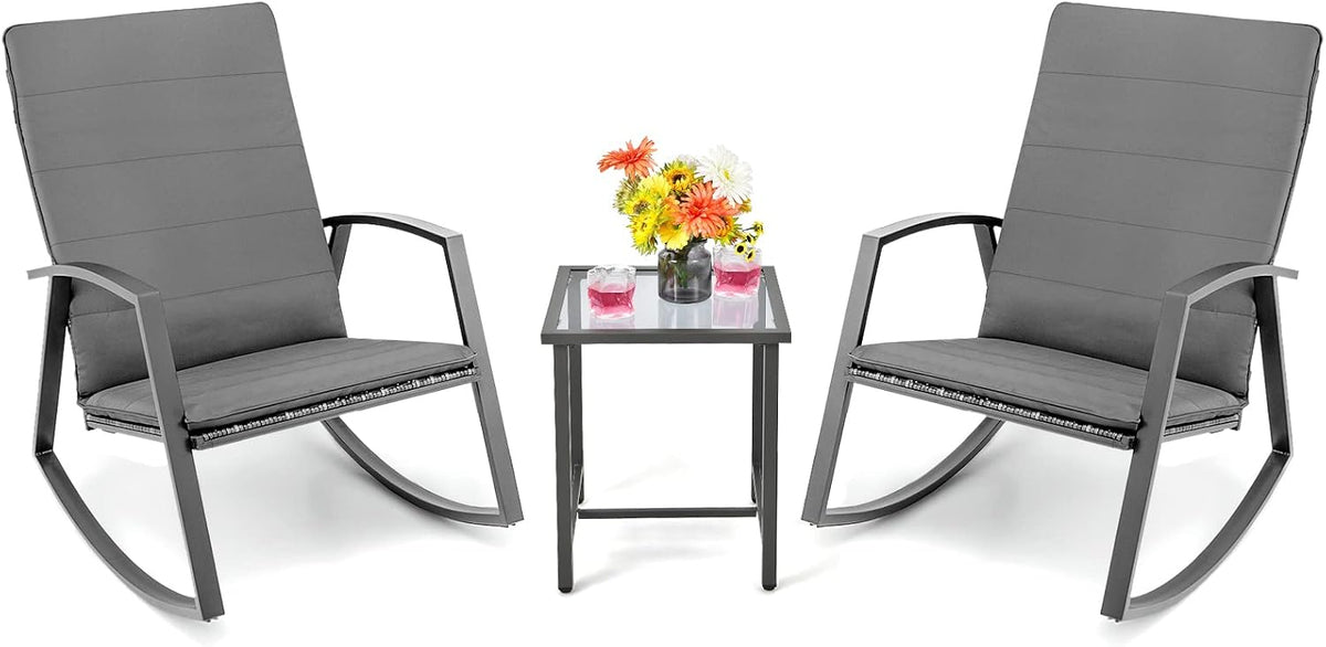 Tangkula 3 Pieces Patio Rocking Bistro Set, PE Rattan Rocking Chairs with Tempered Glass Side Table, Outdoor Wicker Conversation Set with Zippered Cushion for Patio, Garden, Poolside (Mix Gray)