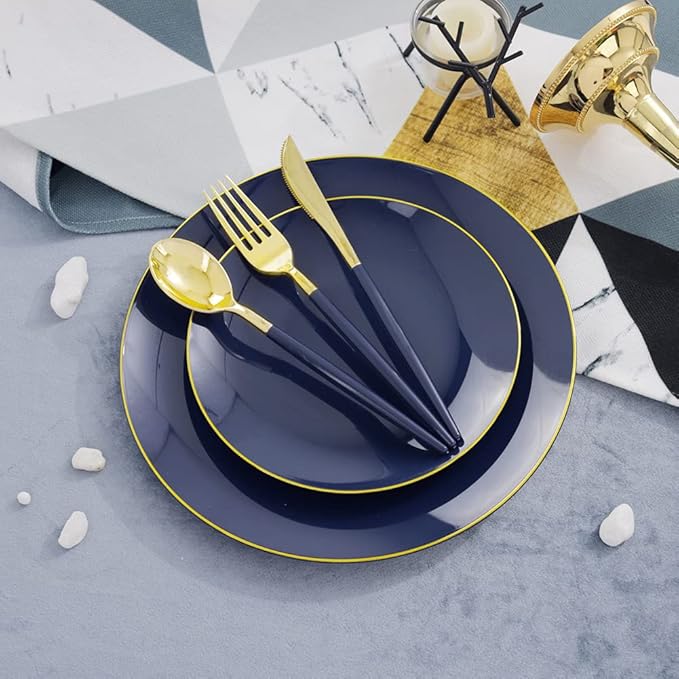 Liacere 150PCS Blue Plastic Plates - Gold Plastic Silverware with Blue Handle - Navy Disposable Plates Include 30 Guests Plates,Forks,Spoons,Knives for Wedding & Party & Halloween