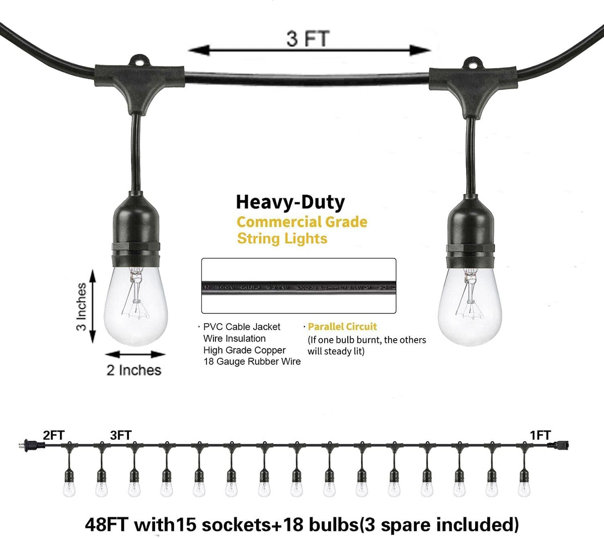 SUNTHIN 2 Pack 48FT Outdoor String Lights,Hanging Incandescent String Lights Commercial Grade Waterproof Patio Light Outside with Dimmable Connectable Edison Glass Bulbs for Bistro,Party,Holiday Decor