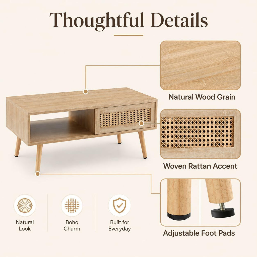 Rattan Coffee Table with Sliding Storage Door, 41.34'' Rectangular Wood Center Table with Solid Wood Legs, Modern Boho Living Room Coffee Table for Apartment, Light Wood