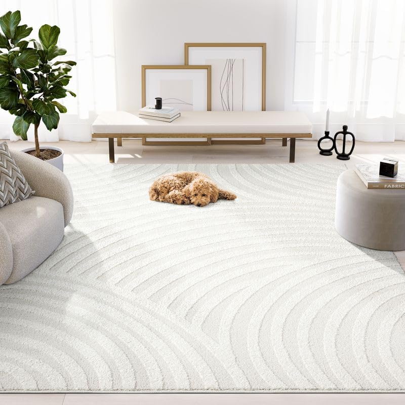 Abani Nomad Cream Tone-on-Tone Area Rug 5' x 8' for Living Room, Bedroom - Linear Curves Pattern - Durable & Easy to Clean