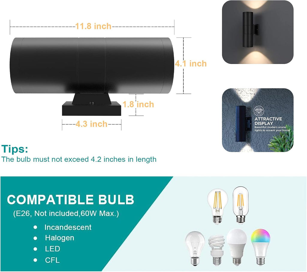 Tipace Black Modern Outdoor Porch Lights up Down Lights Exterior Cylinder Patio Light, Waterproof Exterior Wall Light Fixtures for Courtyard,entryway,Garage (Bulbs Not Included)