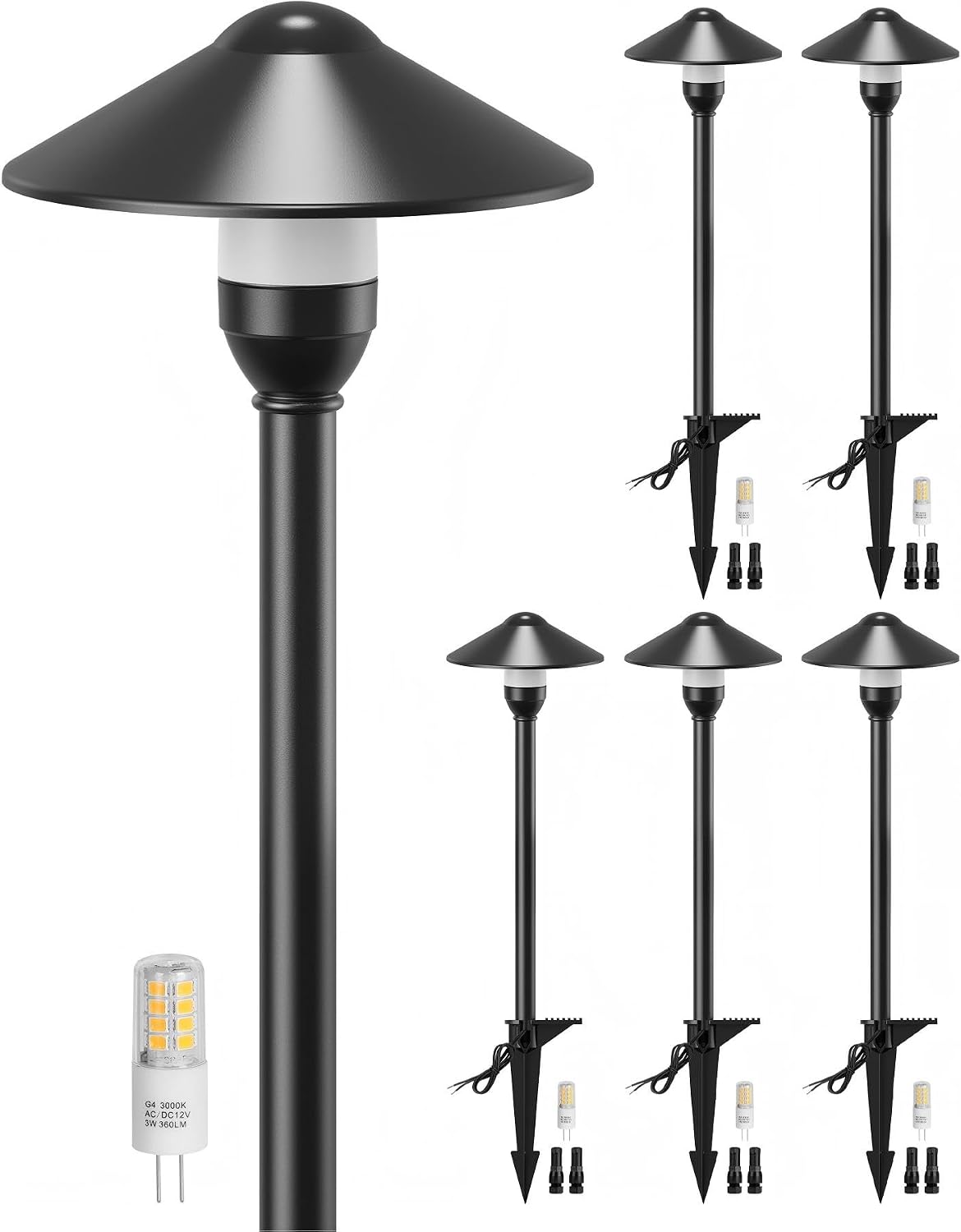 Low Voltage Pathway Lights with G4 3W 3000K Bulbs 6-Pack, Black Aluminum