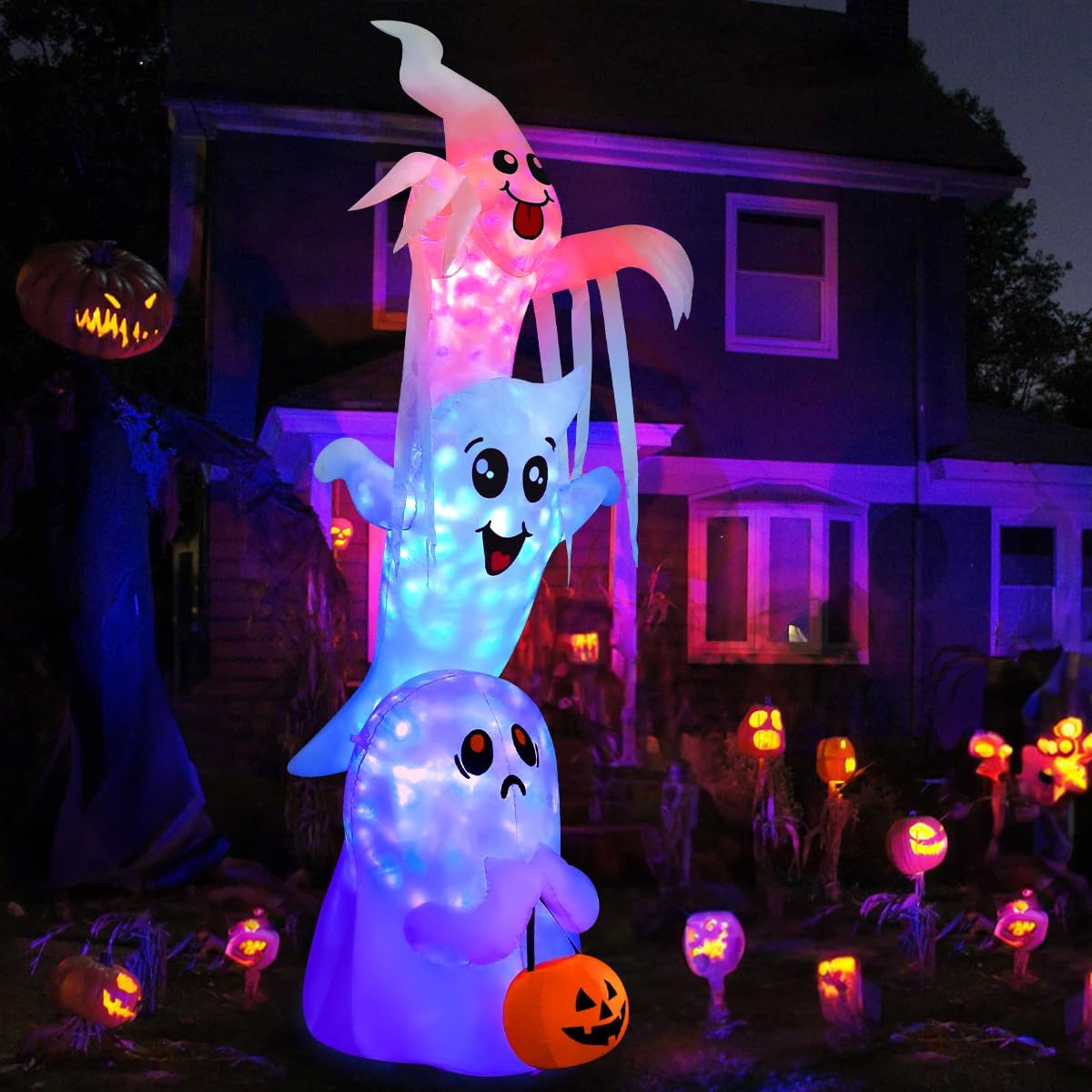 GOOSH 9.8 FT High Halloween Inflatable Overlap Ghost Outdoor Decorations Blow Up Yard with Built-in LEDs for Garden Lawn Indoor Party Decor (Three Ghosts)