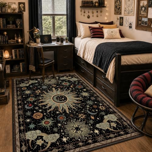 Vacuum-Friendly, 5x7 Washable Area Rug, Black Green Beige