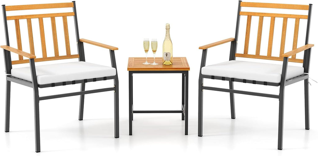 Tangkula 3 Pieces Acacia Wood Bistro Set, Patio Conversation Set with Cushions and Coffee Table, Outdoor Bistro Table and Chairs Set for Porch, Balcony, Garden and Backyard (Off White)