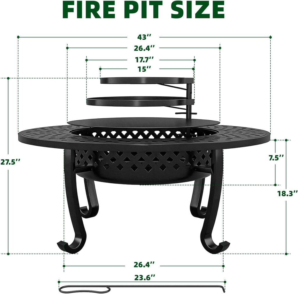43 Inch Fire Pit with 2 Grill, Wood Burning Firepit with Lid