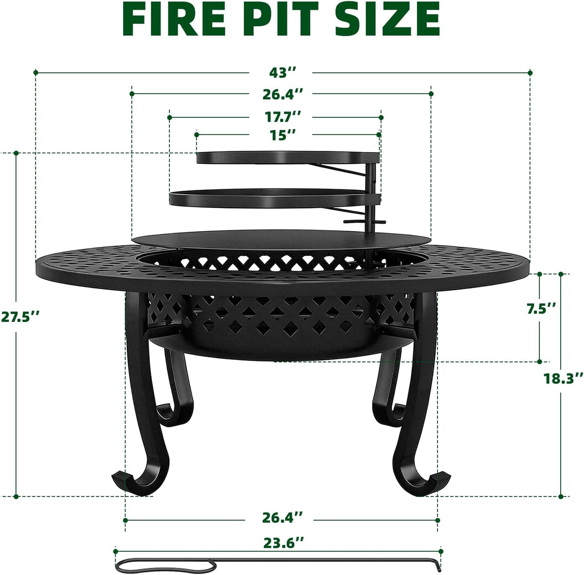 43 Inch Fire Pit with 2 Grill, Wood Burning Firepit with Lid