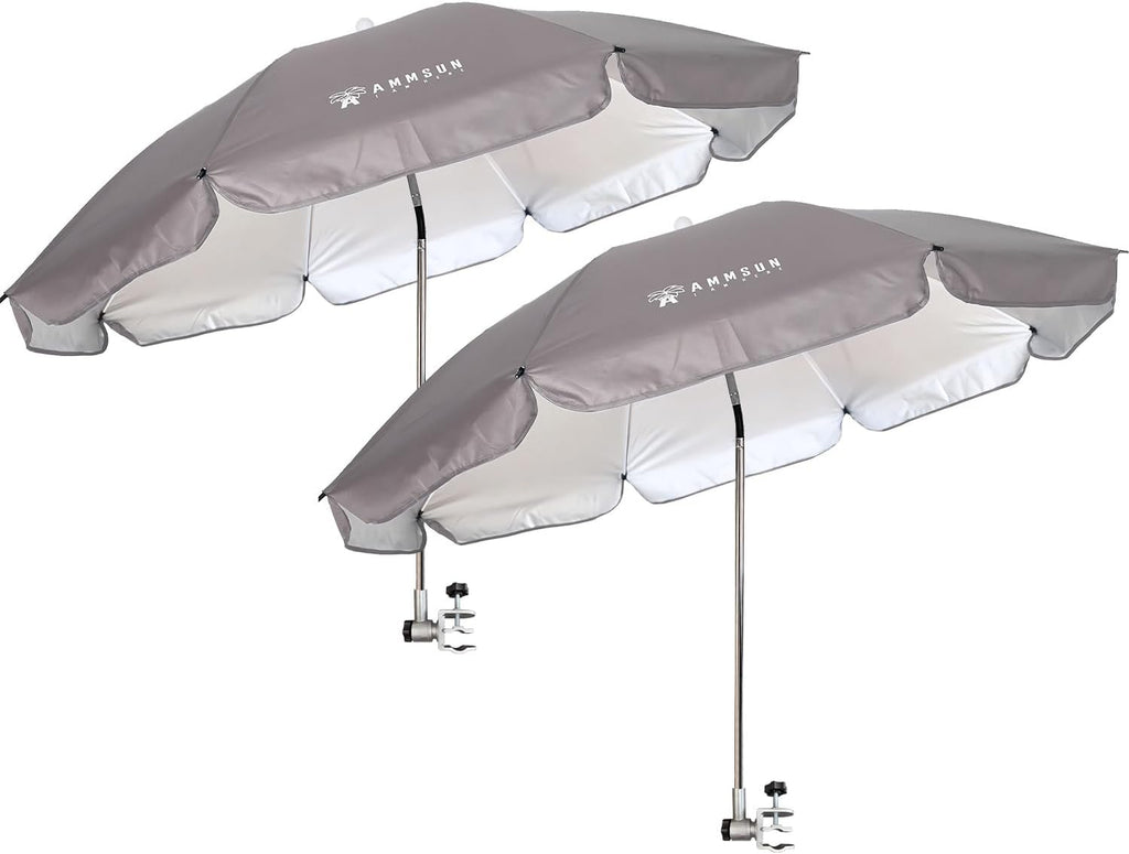 AMMSUN Chair Umbrella with Universal Clamp Adjustable 47 inches and 360° Swivel & UPF 50+ Protection Portable Sun Umbrella, Secure Clip on Camping/Beach Chairs, Stroller, Wheelchair, Golf cart, Lounger, Grey, 2 PACK