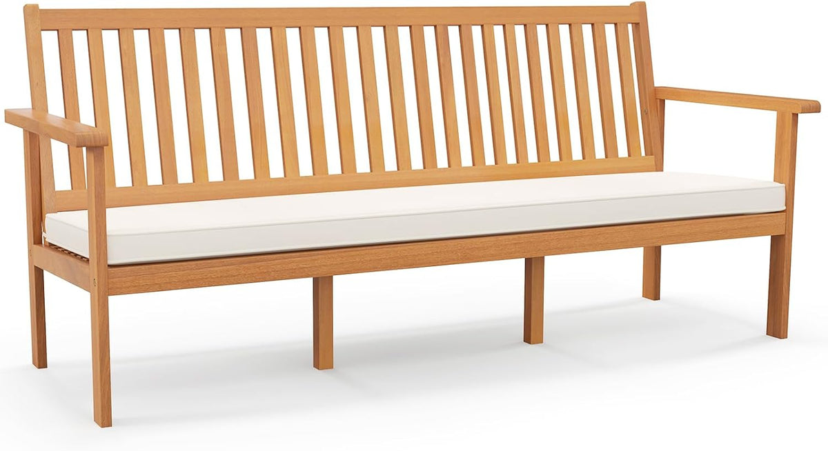 Tangkula 3-Seat Acacia Wood Outdoor Bench with Cushion, 64" Extra Long Garden Bench with Slatted Seat & Backrest, 3-Person Patio Wood Bench for Backyard, Porch, Balcony & Garden