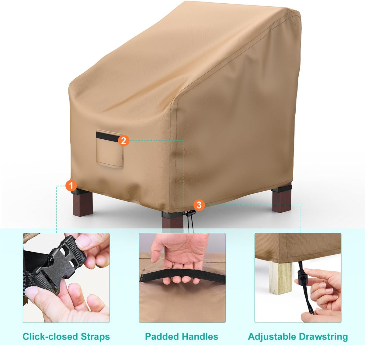 outdoor patio chair covers waterproof 29"wx30"dx36"h, brown, side view