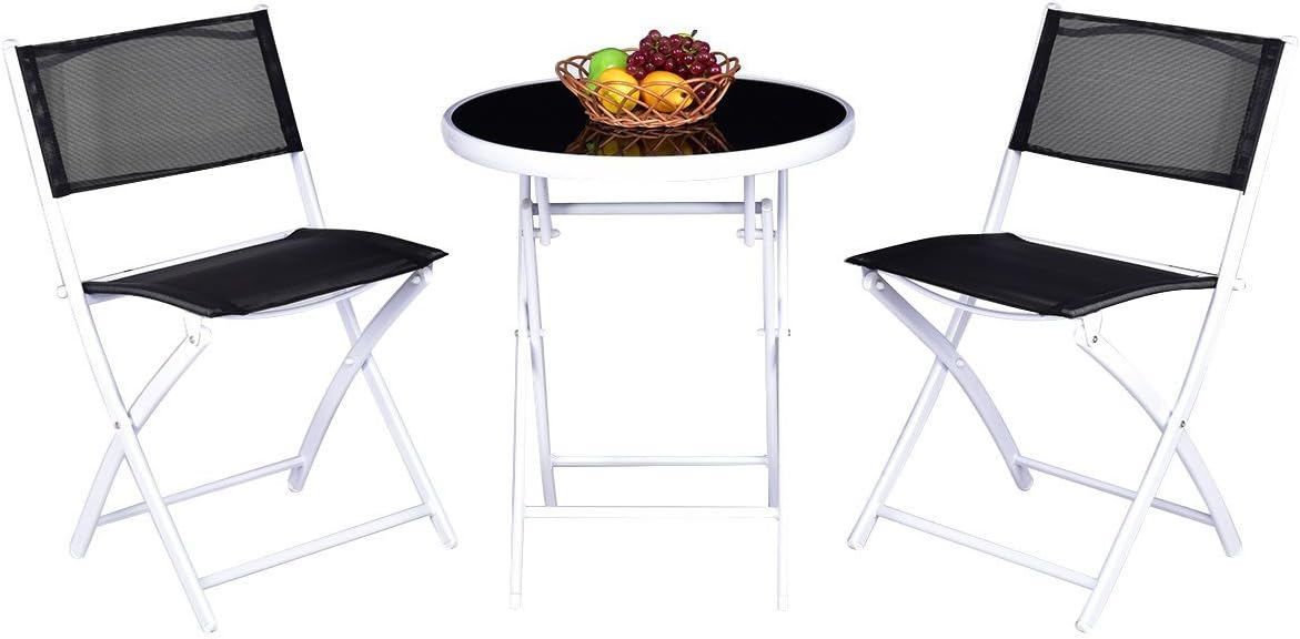 Giantex Bistro Table Set, 3 Piece Patio Bistro Set, Outdoor Folding Table and Chairs, Foldable Patio Dining Set, Porch Furniture Set Garden Backyard Metal Frame No Assembly, Black