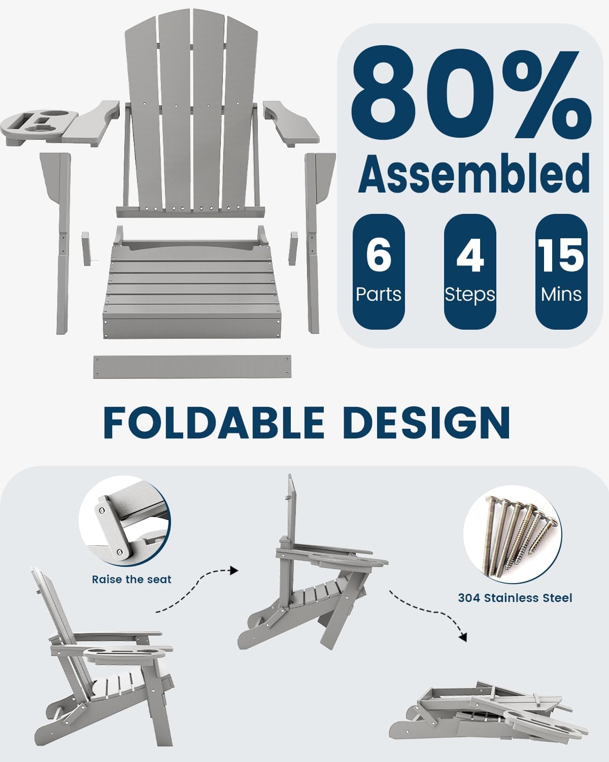 Folding Adirondack Chair Set of 2 with 4-in-1 Cup Holder,Fire Pit Chair