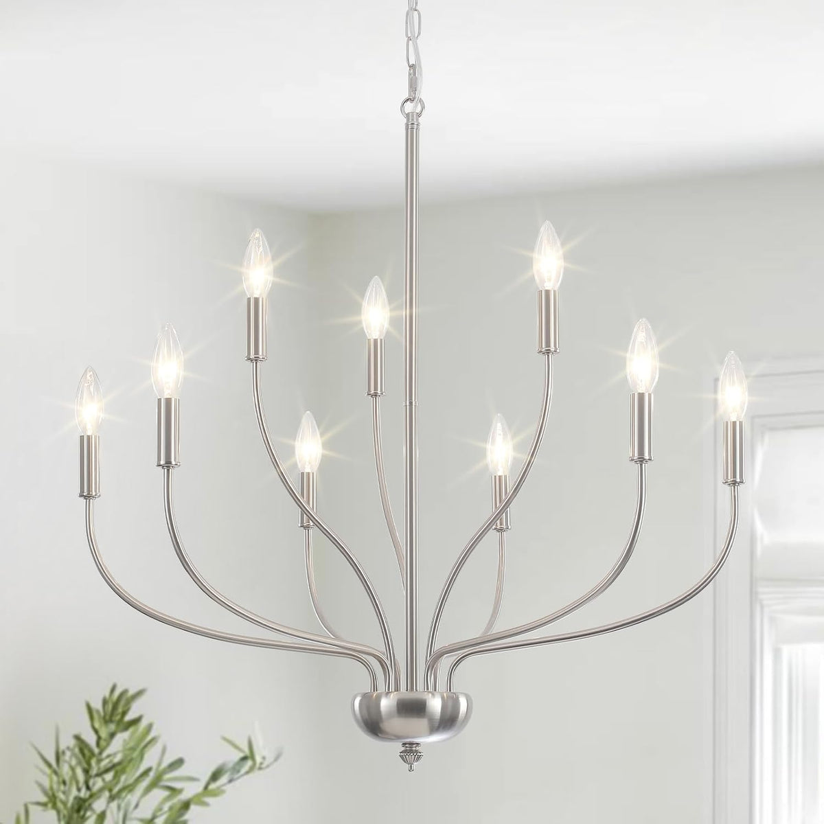 Brushed Nickel Chandelier, 9-Light Farmhouse Chandelier for Dining Room Lighting Fixture, 28'' Rustic Industrial Modern Candle Chandelier for Bedroom, Kitchen, Living Room, Foyer and Hallway