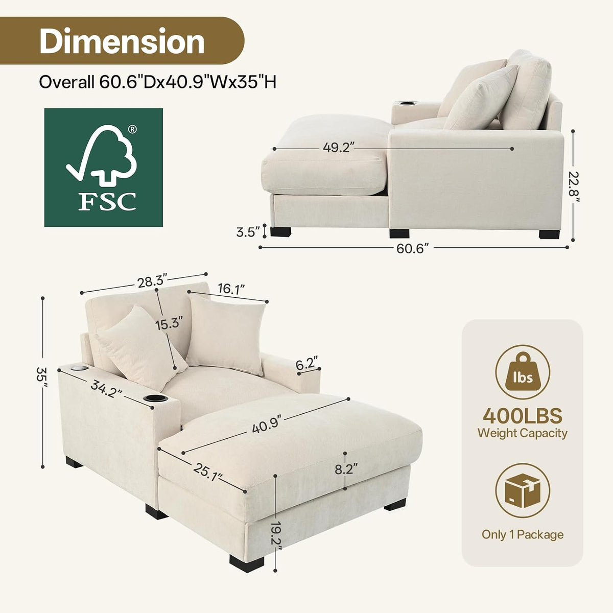 60" Oversized Chaise Lounge Chair Indoor with Adjustable Backrest & Charging Port,Wood Frame Chenille Comfy Reading Chair,Sleeper Chair w/ Cup Holder & 2 Pillows,Beige Chaise Lounge Chair for Bedroom