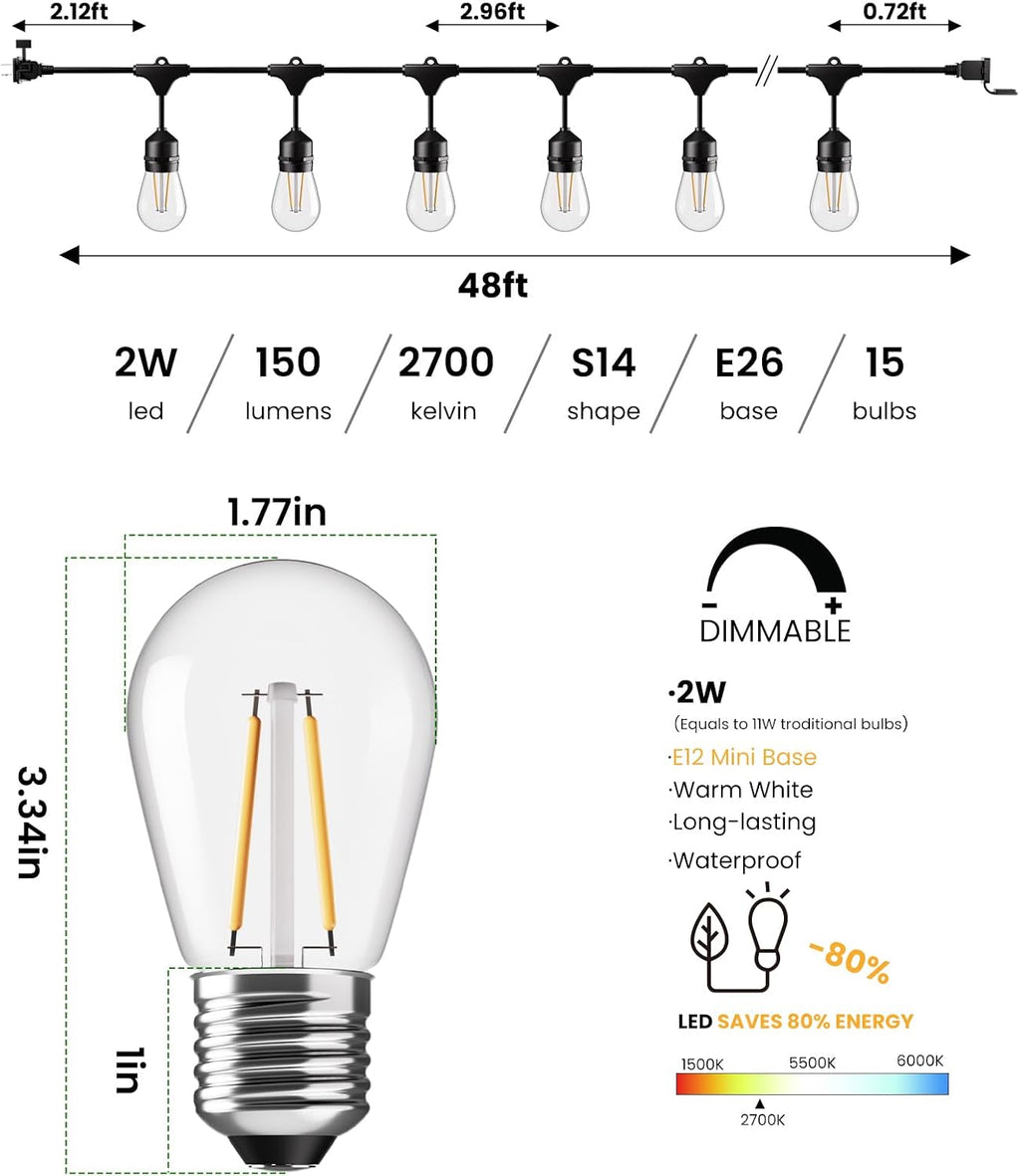 Svater 192 FT Outdoor String Lights 2W S14 LED Commercial Grade Waterproof