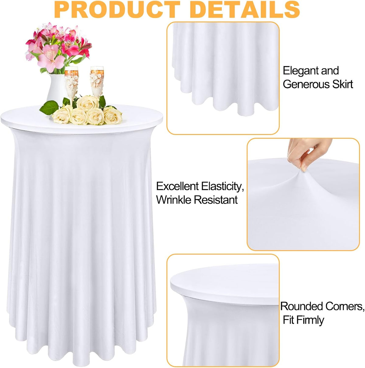 Bekith 4 Pack Round Spandex Stretch Cocktail Tablecloths with Natural Wavy, 32 x 43 Inch Cocktail Table Covers Round Table Skirt Fitted High Top Table Bar for Party Wedding Birthday Banquet (White)